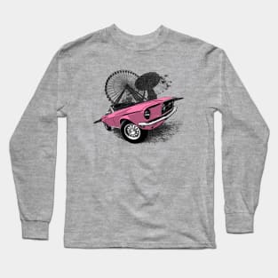 Pink 68 Mustang convertible against carnival backdrop Long Sleeve T-Shirt